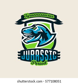 Colourful emblem, logo, label the dinosaur of the Jurassic period of the Mesozoic era is isolated on a background of the shield. Vector illustration.