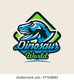 Colourful emblem, logo, label the dinosaur of the Jurassic period of the Mesozoic era is isolated on a background of the shield. Vector illustration.