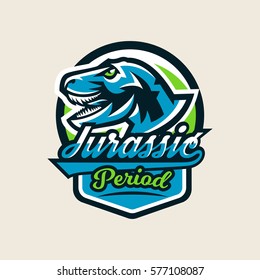 Colourful emblem, logo, label the dinosaur of the Jurassic period of the Mesozoic era is isolated on a background of the shield. Vector illustration.