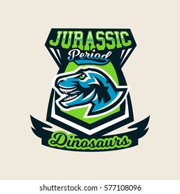 Colourful emblem, logo, label the dinosaur of the Jurassic period of the Mesozoic era is isolated on a background of the shield. Vector illustration.