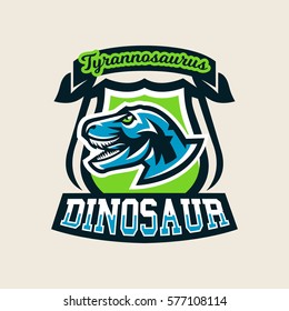 Colourful emblem, logo, label the dinosaur of the Jurassic period of the Mesozoic era is isolated on a background of the shield. Vector illustration.