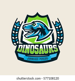 Colourful emblem, logo, label the dinosaur of the Jurassic period of the Mesozoic era is isolated on a background of the shield. Vector illustration.