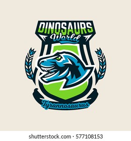 Colourful emblem, logo, label the dinosaur of the Jurassic period of the Mesozoic era is isolated on a background of the shield. Vector illustration.
