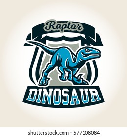 Colourful emblem, logo, label the world of the dinosaurs of the Jurassic period of the Mesozoic era is isolated on a background of the shield. Vector illustration, printing for t-shirts