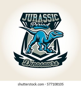 Colourful emblem, logo, label the world of the dinosaurs of the Jurassic period of the Mesozoic era is isolated on a background of the shield. Vector illustration, printing for t-shirts