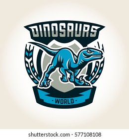 Colourful emblem, logo, label the world of the dinosaurs of the Jurassic period of the Mesozoic era is isolated on a background of the shield. Vector illustration, printing for t-shirts