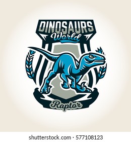 Colourful emblem, logo, label the world of the dinosaurs of the Jurassic period of the Mesozoic era is isolated on a background of the shield. Vector illustration, printing for t-shirts