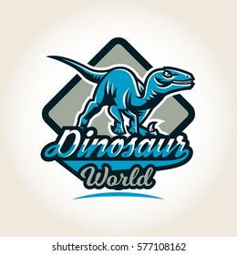 Colourful emblem, logo, label the world of the dinosaurs of the Jurassic period of the Mesozoic era is isolated on a background of the shield. Vector illustration, printing for t-shirts