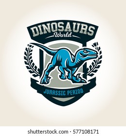 Colourful emblem, logo, label the world of the dinosaurs of the Jurassic period of the Mesozoic era is isolated on a background of the shield. Vector illustration, printing for t-shirts