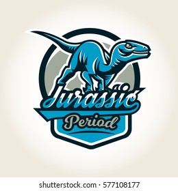 Colourful emblem, logo, label the world of the dinosaurs of the Jurassic period of the Mesozoic era is isolated on a background of the shield. Vector illustration, printing for t-shirts