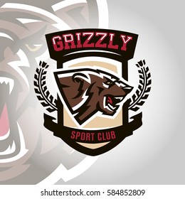 Colourful emblem, logo, snarling and ready to attack bear, grizzly, dangerous predator, the dweller forest. Vector illustration, dynamic and sporty style, printing on T-shirts 