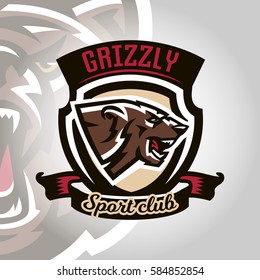 Colourful emblem, logo, snarling and ready to attack bear, grizzly, dangerous predator, the dweller forest. Vector illustration, dynamic and sporty style, printing on T-shirts 