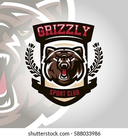 Colourful emblem, logo, snarling and ready to attack bear, grizzly, dangerous predator, the dweller forest. Vector illustration, dynamic and sporty style, printing on T-shirts 