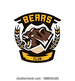 Colourful emblem, logo, snarling and ready to attack bear, grizzly, dangerous predator, the dweller forest. Vector illustration, dynamic and sporty style, printing on T-shirts 