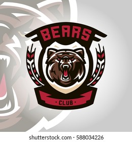 Colourful emblem, logo, snarling and ready to attack bear, grizzly, dangerous predator, the dweller forest. Vector illustration, dynamic and sporty style, printing on T-shirts 