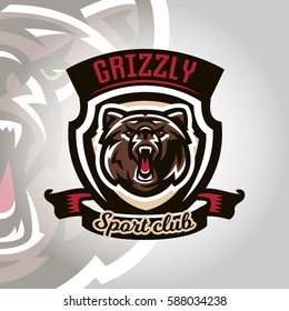 Colourful emblem, logo, snarling and ready to attack bear, grizzly, dangerous predator, the dweller forest. Vector illustration, dynamic and sporty style, printing on T-shirts 