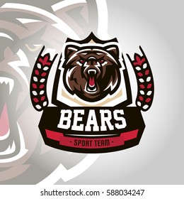 Colourful emblem, logo, snarling and ready to attack bear, grizzly, dangerous predator, the dweller forest. Vector illustration, dynamic and sporty style, printing on T-shirts 