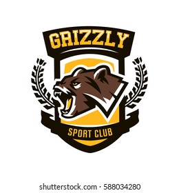 Colourful emblem, logo, snarling and ready to attack bear, grizzly, dangerous predator, the dweller forest. Vector illustration, dynamic and sporty style, printing on T-shirts 