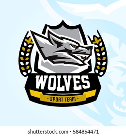 Colourful emblem, logo, sticker, aggressive wolf ready to attack, grin, growling predator. Vector illustration, sports style, printing on T-shirts. 