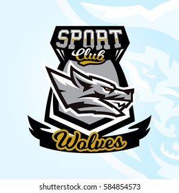 Colourful emblem, logo, sticker, aggressive wolf ready to attack, grin, growling predator. Vector illustration, sports style, printing on T-shirts. 