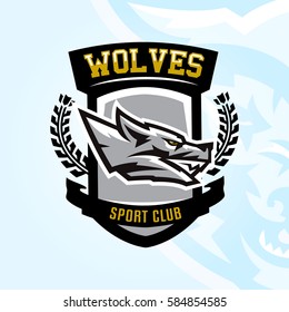 Colourful emblem, logo, sticker, aggressive wolf ready to attack, grin, growling predator. Vector illustration, sports style, printing on T-shirts. 