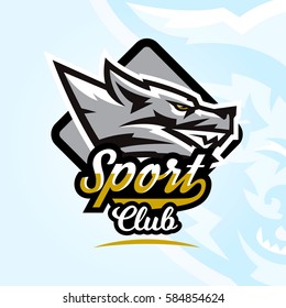 Colourful emblem, logo, sticker, aggressive wolf ready to attack, grin, growling predator. Vector illustration, sports style, printing on T-shirts. 