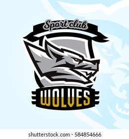 Colourful emblem, logo, sticker, aggressive wolf ready to attack, grin, growling predator. Vector illustration, sports style, printing on T-shirts. 