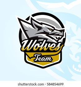 Colourful emblem, logo, sticker, aggressive wolf ready to attack, grin, growling predator. Vector illustration, sports style, printing on T-shirts. 