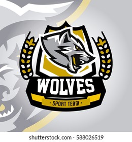 Colourful emblem, logo, sticker, aggressive wolf ready to attack, grin, growling predator. Vector illustration, sports style, printing on T-shirts. 