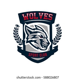 Colourful emblem, logo, sticker, aggressive wolf ready to attack, grin, growling predator. Vector illustration, sports style, printing on T-shirts. 