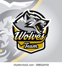 Colourful emblem, logo, sticker, aggressive wolf ready to attack, grin, growling predator. Vector illustration, sports style, printing on T-shirts. 