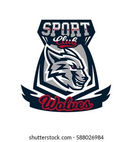 Colourful emblem, logo, sticker, aggressive wolf ready to attack, grin, growling predator. Vector illustration, sports style, printing on T-shirts. 