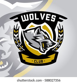 Colourful emblem, logo, sticker, aggressive wolf ready to attack, grin, growling predator. Vector illustration, sports style, printing on T-shirts. 