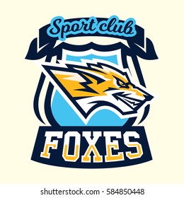 Colourful emblem, logo, sticker, face aggressive fox ready to attack, the predator. Vector illustration, dynamic and sport style, printing on T-shirts. 