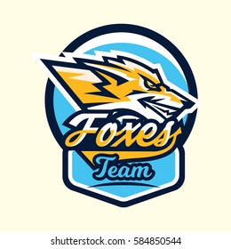 Colourful emblem, logo, sticker, face aggressive fox ready to attack, the predator. Vector illustration, dynamic and sport style, printing on T-shirts. 
