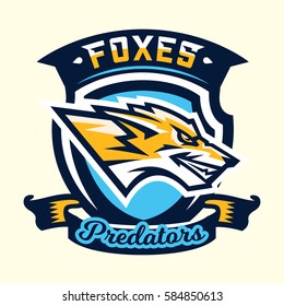 Colourful emblem, logo, sticker, face aggressive fox ready to attack, the predator. Vector illustration, dynamic and sport style, printing on T-shirts. 