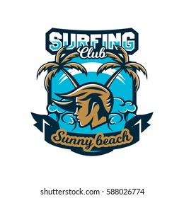 Colourful emblem, logo, sticker, girl surfer, waves, beach, palm trees. Vector illustration, printing on T-shirts 