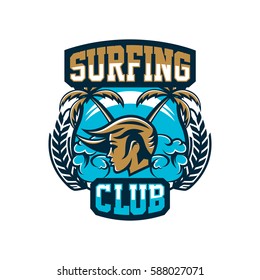 Colourful emblem, logo, sticker, girl surfer, waves, beach, palm trees. Vector illustration, printing on T-shirts 