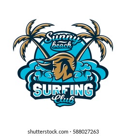 Colourful emblem, logo, sticker, girl surfer, waves, beach, palm trees. Vector illustration, printing on T-shirts 