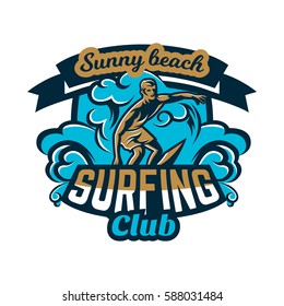 Colourful emblem, logo, sticker, surfer drifting on the waves, Californian beach, extreme sport. Vector illustration for printing on T-shirts 