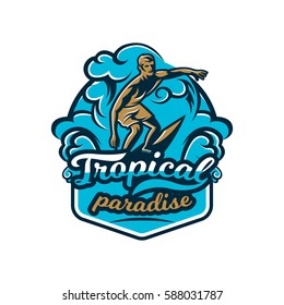 Colourful emblem, logo, sticker, surfer drifting on the waves, Californian beach, extreme sport. Vector illustration for printing on T-shirts 