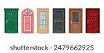 Colourful entrance doorway doors. Ornate wooden classic door set isolated vector illustration