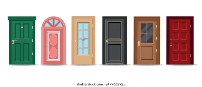 Colourful entrance doorway doors. Ornate wooden classic door set isolated vector illustration