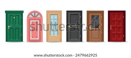 Colourful entrance doorway doors. Ornate wooden classic door set isolated vector illustration