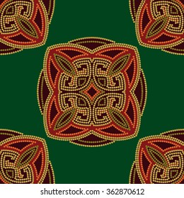 Colourful ethnic seamless pattern background in green and burgundy, orange colors, vector illustration.