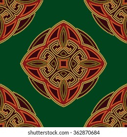 Colourful ethnic seamless pattern background in green and burgundy, orange colors, vector illustration.