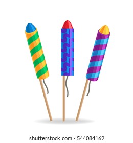 Colourful exploding red, green and blue rockets isolated on white background in cartoon style flat design. Collection of fireworks an New Year attributes decorations. Vector illustration of salute