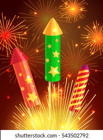 Colourful exploding rockets on bright background in red, green and striped colors. Salutes in cartoon style flat design. New Year attributes decorations collection of vector fireworks illustrations.