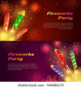 Colourful exploding rockets set on bright background. Salutes banners with bengal fires, petards explosions in cartoon style flat design. Collection of fireworks and New Year decoration attributes.