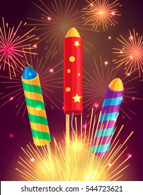 Colourful exploding rockets set on bright background. Salutes banners with bengal fires, petards explosions in cartoon style flat design. Collection of fireworks and New Year decoration attributes.